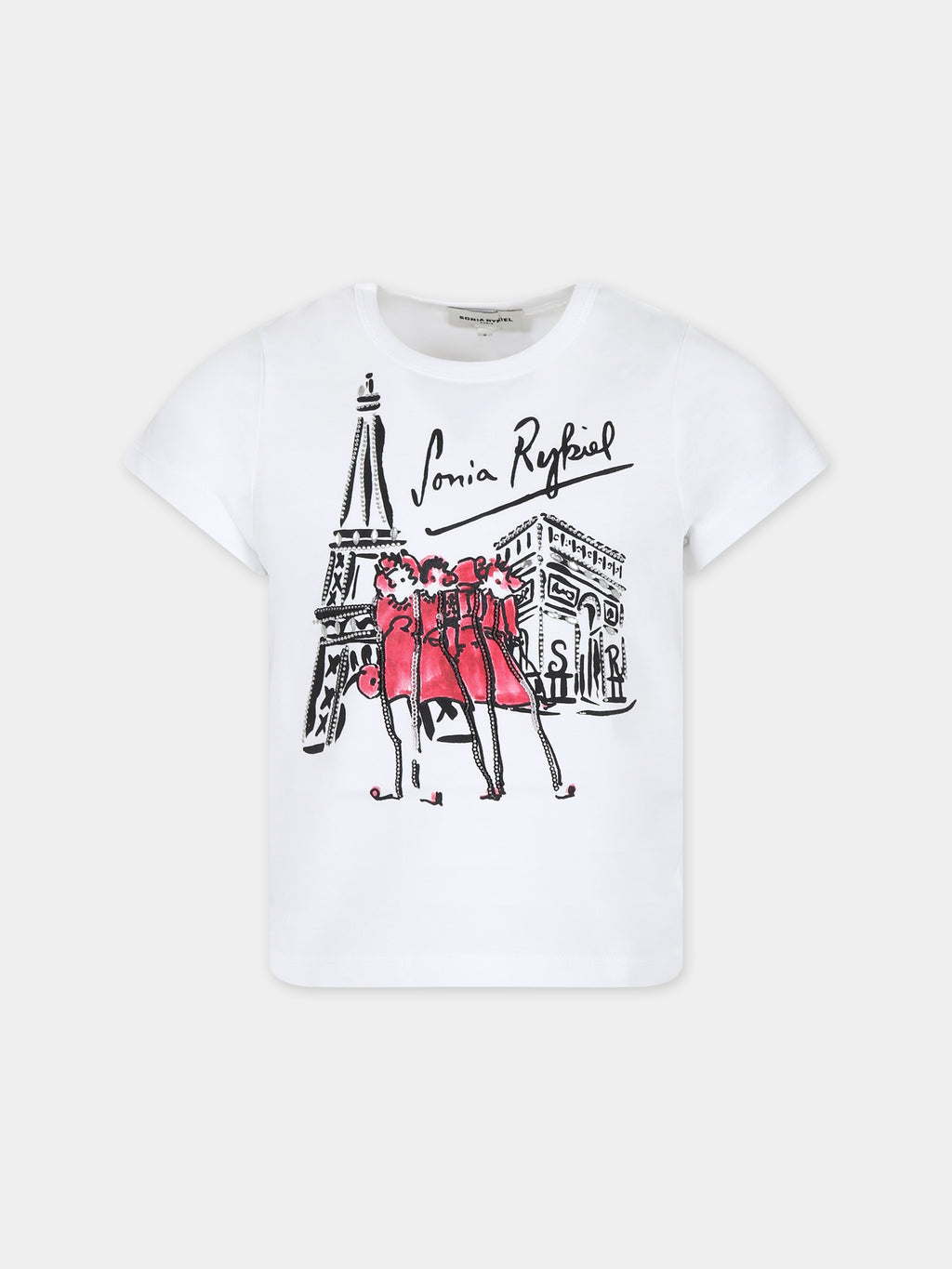T-shirt bianca per bambina con stampa Tour Eiffel e strass